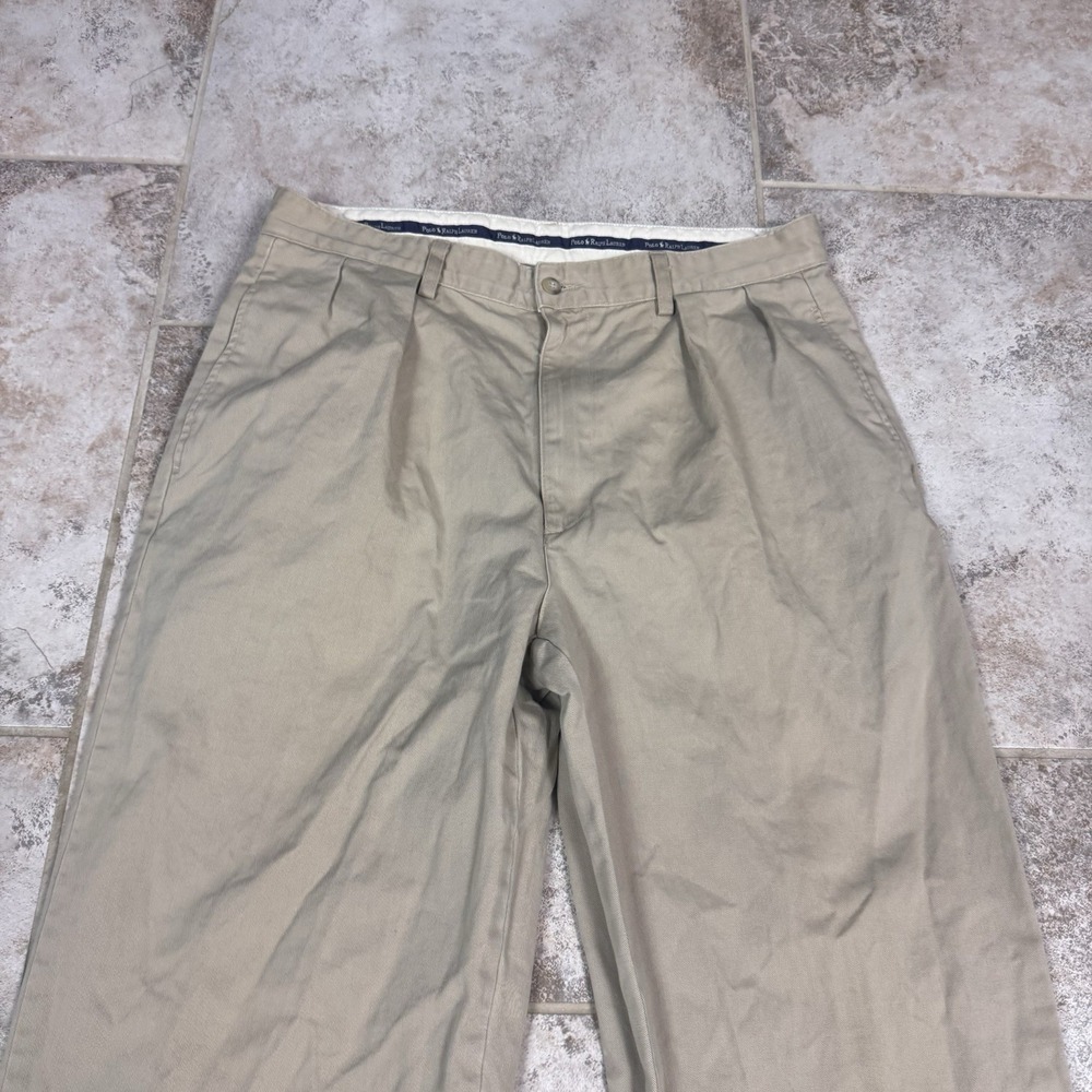 Polo Ralph Lauren 90s Vintage Chino Pants Mens Beige 35x34 Zip Fly Pleated - Picture 2 of 10